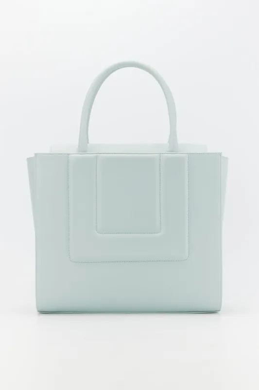 Light blue leather structured tote sold by DESTREE