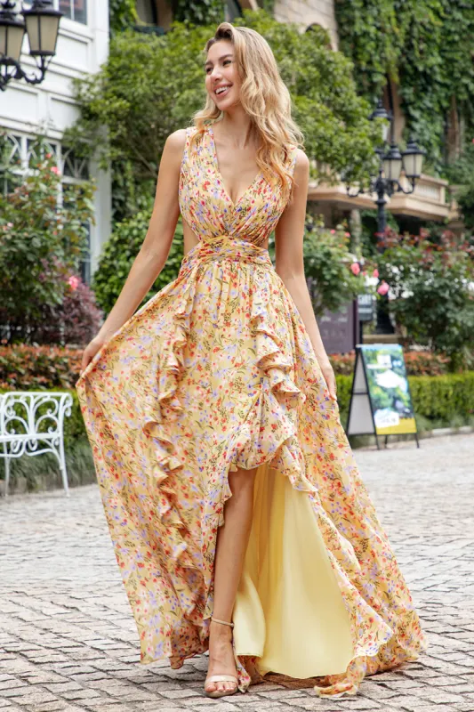 Yellow Small Flower A Line V Neck Pleated Ruffles Wedding Guest Dress sold by Zapaka