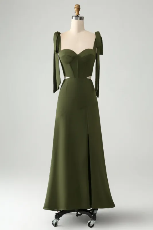 Olive  A Line Spaghetti Straps Floor Length Wedding Guest Dress with Slit sold by Zapaka