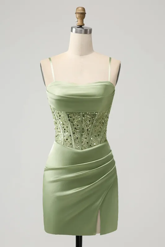 Glitter Sage Green Bodycon Sequin Corset Short Homecoming Dress with Slit sold by Zapaka