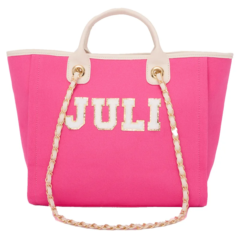 Lily & Bean Canvas Chain Tote Bag Hot Pink Medium With Chenille Letters sold by Lily and Bean