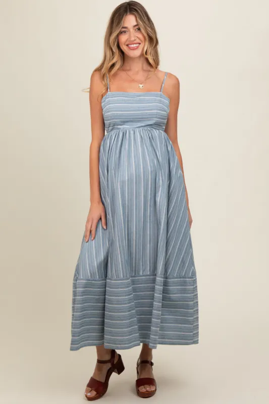 Navy Striped Cutout Back Maternity Maxi Dress sold by Pinkblush