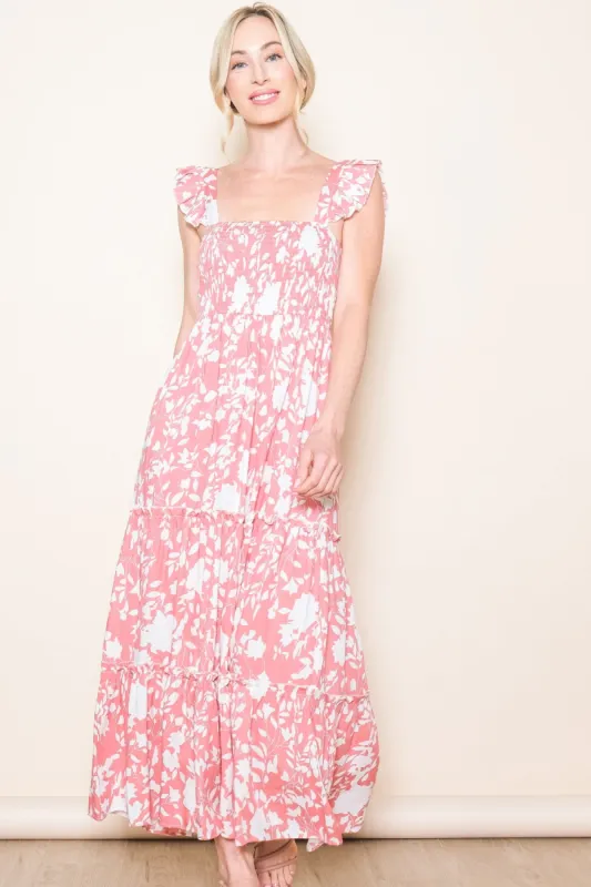 Coral Ruffle Sleeve Tiered Maxi Dress sold by Pinkblush