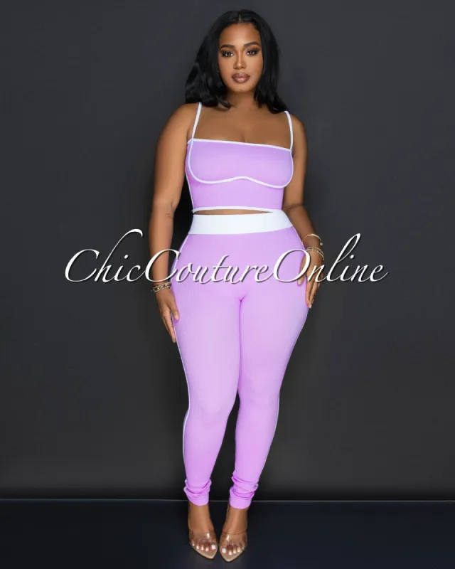 Manika Lilac White Trim Top & Leggings Ribbed Sculpting Set sold by Chic Couture