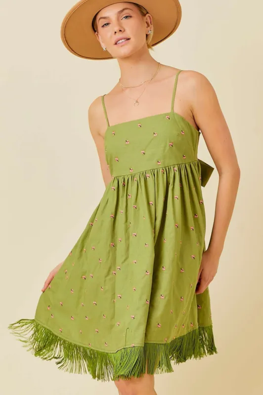 Green Floral Embroidered Back Cutout Tassel Fringe Dress sold by Pinkblush