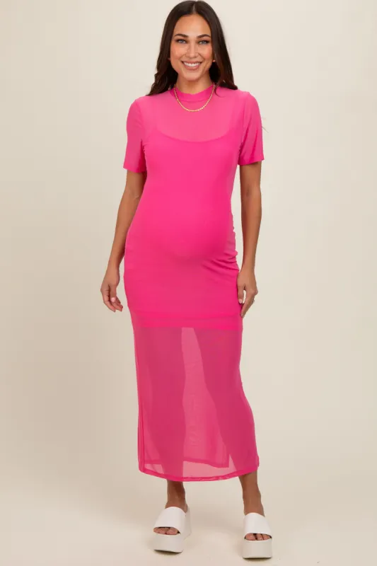Pink Layered Mesh Maternity Maxi Dress sold by Pinkblush
