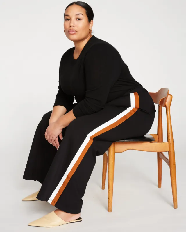 Stephanie Wide Leg Stripe Ponte Pants 30 Inch - Black with Ochre/White Stripe sold by Universal Standard