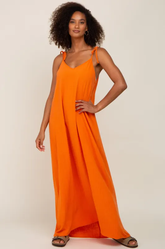 Orange Linen V-Neck Tie Strap Maxi Dress sold by Pinkblush