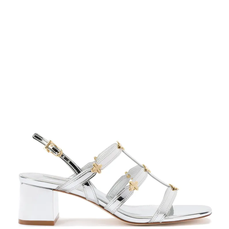 Harmony Block Sandal In Silver Specchio sold by Larroude