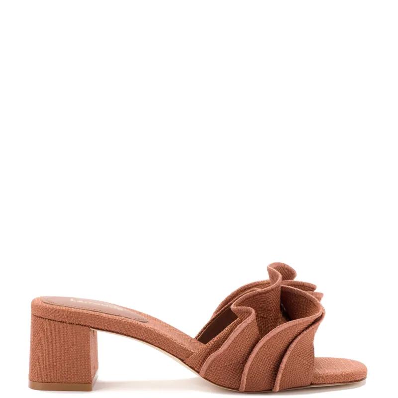 Brigitte Ruffle Mule In Caramel Raffia sold by Larroude
