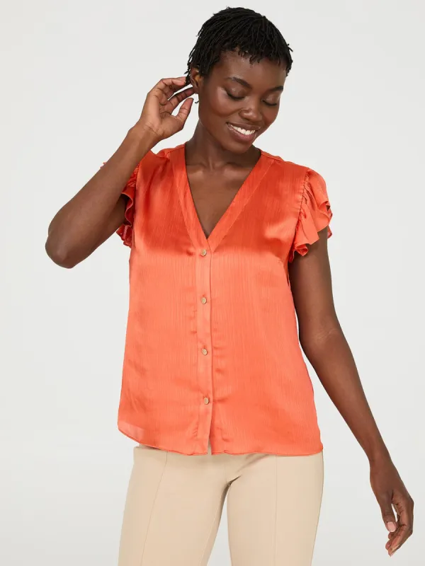 Crinkle Satin Ruffle Sleeve Button-Front Blouse sold by Suzy Shier