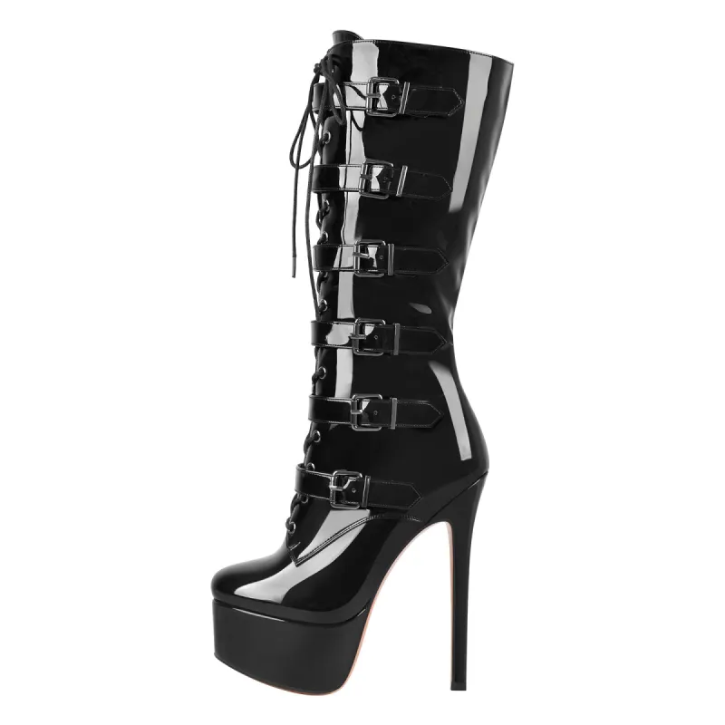 Black Patent Leather Platform Lace Up Knee High Boots sold by Onlymaker