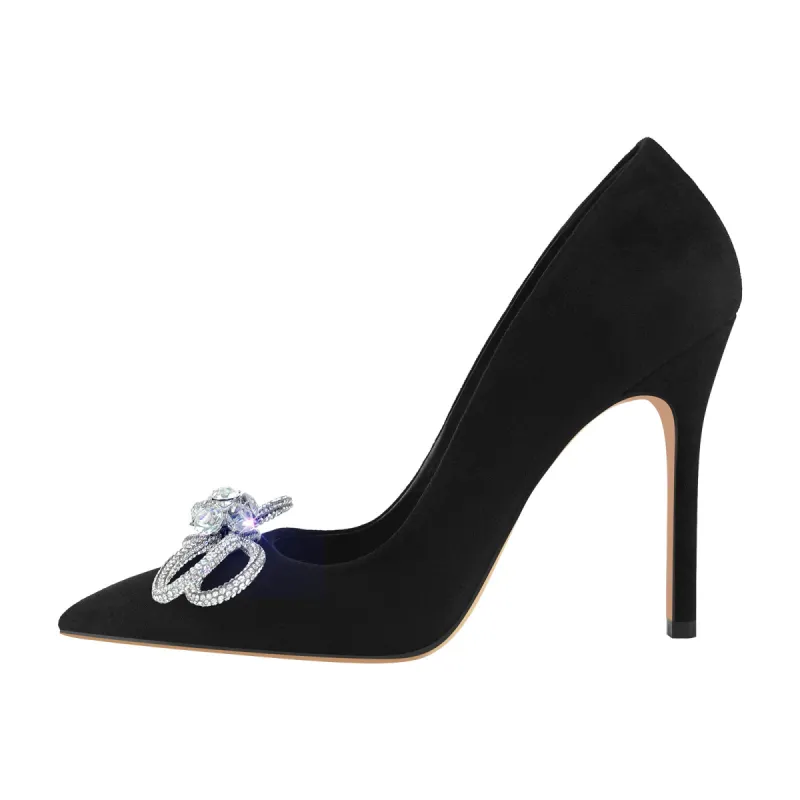 Rhinestone Bow Pointed Toe Black Suede Heels Stiletto Pumps sold by Onlymaker