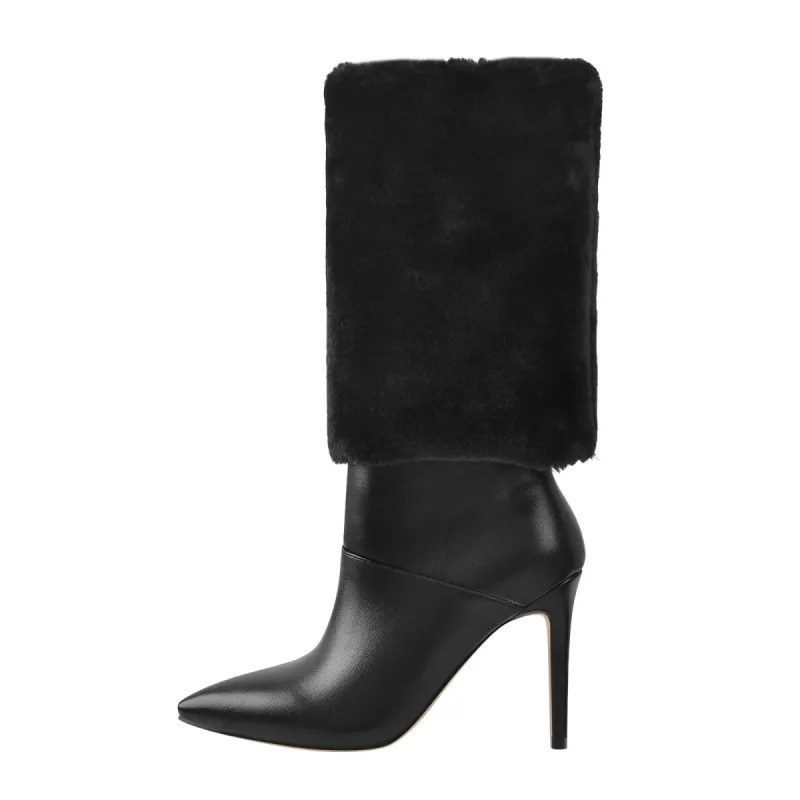 Downy White Black Pointed Toe High Heel Stiletto Boots sold by Onlymaker