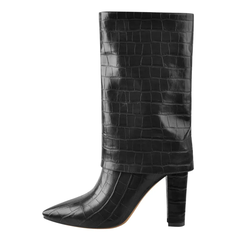 Black Pointed Toe Stone Chunky Heels Winter Boots sold by Onlymaker