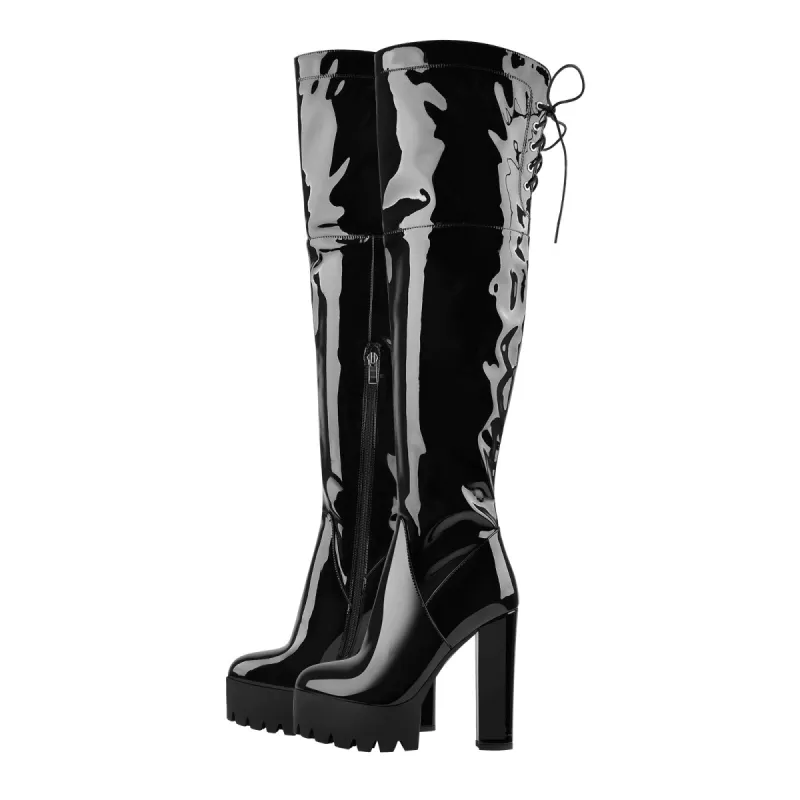 Patent Black Platform Lace Up Chunky Heels Thigh Boots sold by Onlymaker