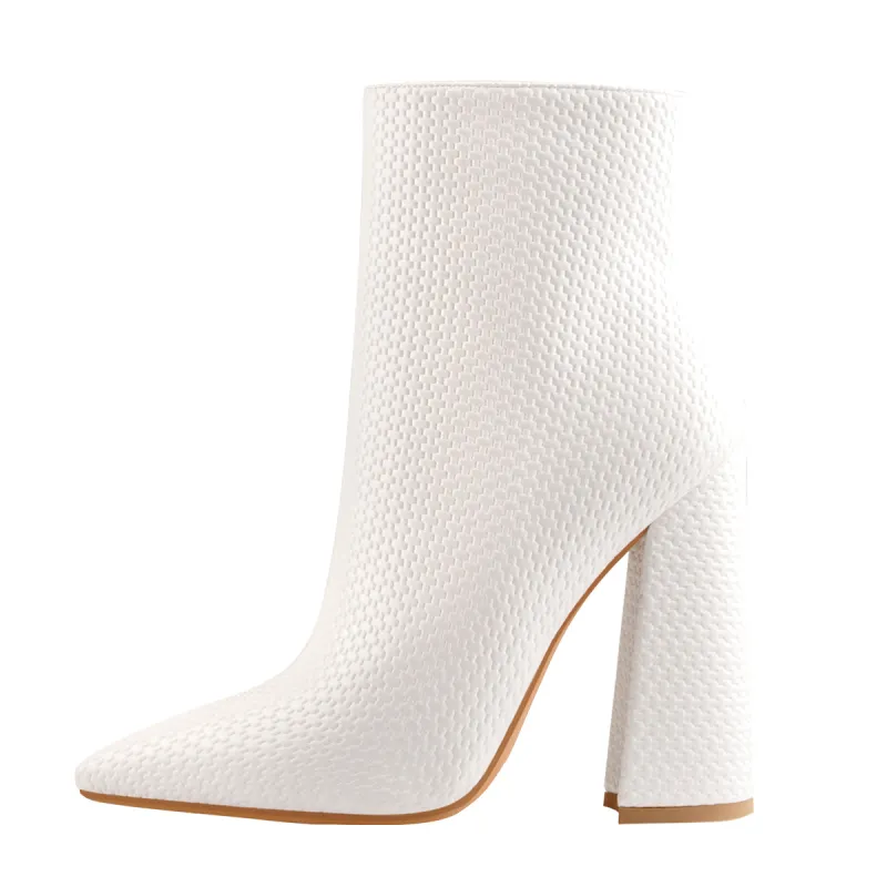 White Woven Pattern Back Zipper Squre Chunky Heel Ankle Boots sold by Onlymaker