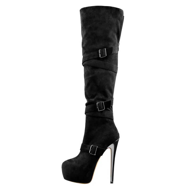 Black Suede Platform Buckle Stiletto Over The Knee High Boots sold by Onlymaker