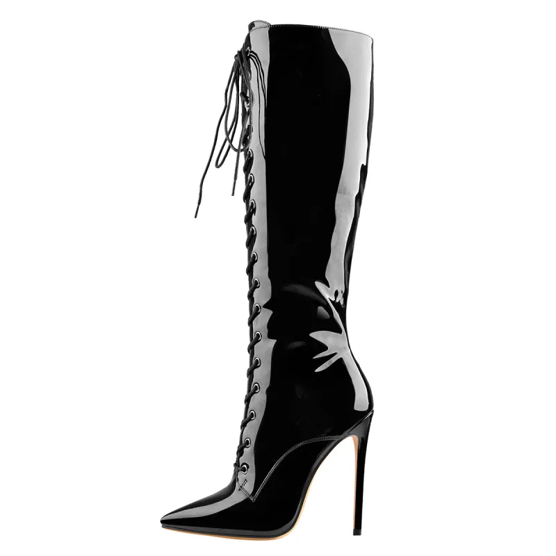 Black Patent Leather Lace Up Pointed Toe Knee High Boots sold by Onlymaker
