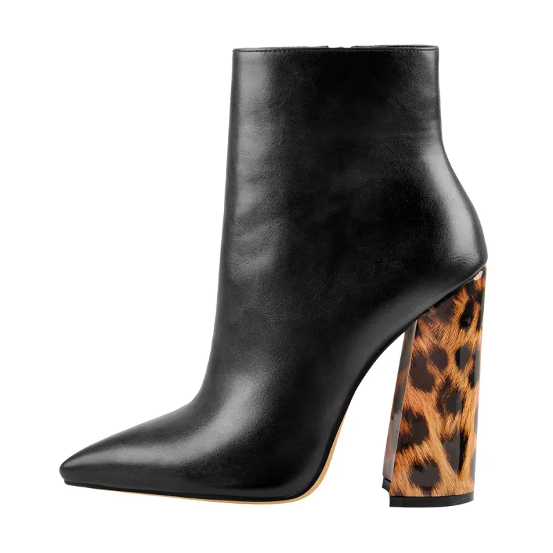 Matte Leather Pointed Toe Leopard Block Heels Ankle Boots sold by Onlymaker