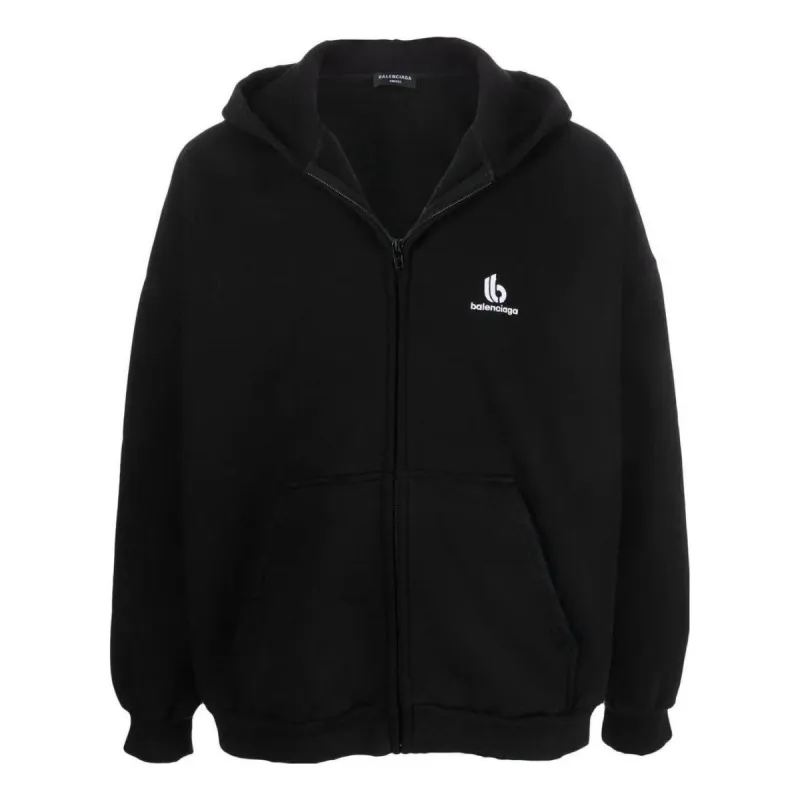 Balenciaga Embroidered Logo Zip-Up Hoodie 'Black