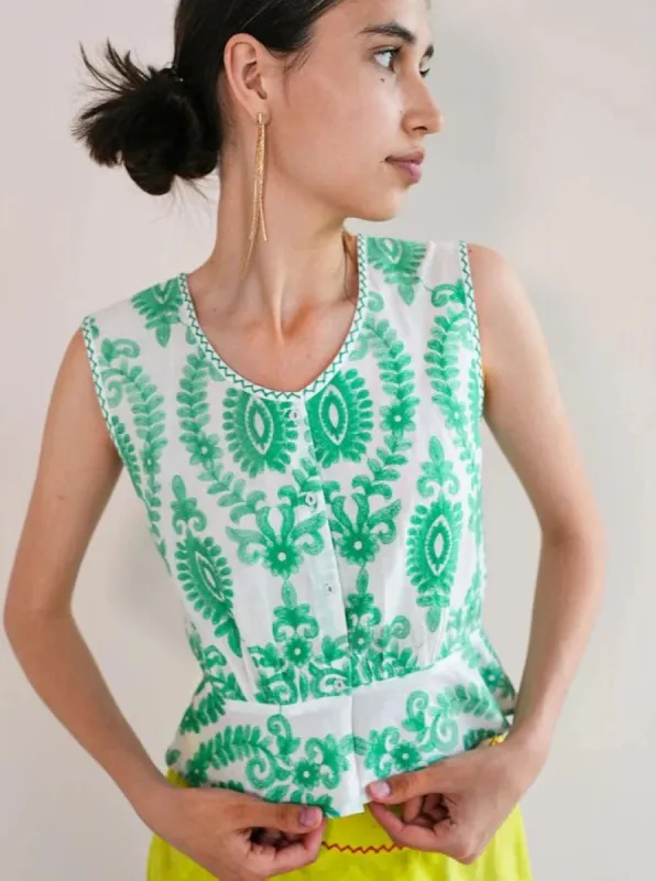 Angelica Blouse in White/ Green Ornament Embroidery sold by Beau & Ro
