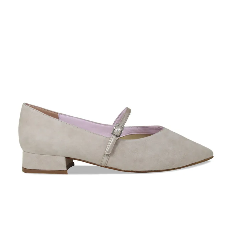 Savannah: Pale Taupe Suede & Patent sold by Sole Bliss