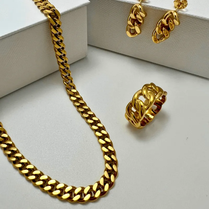 Gold Cable Chain Necklace Earrings Ring Bundle Set sold by Mason & Madison Co.