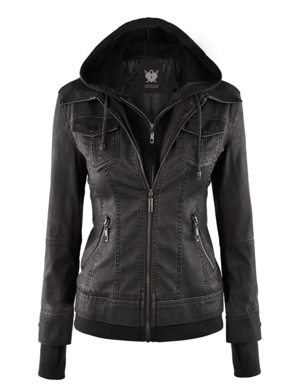 Made By Johnny MBJ Womens Faux Leather Motorcycle Jacket with Hoodie sold by Daily Haute