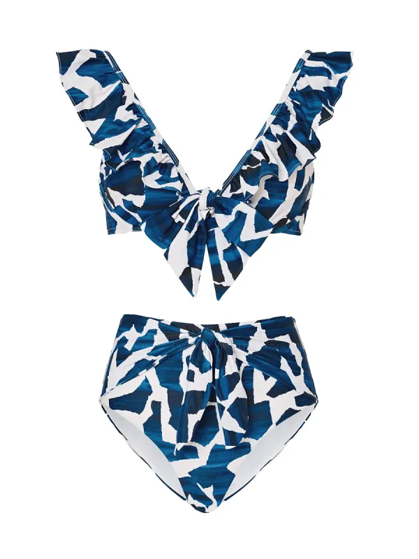 Ocean Puzzle Ruffle-Ocean Puzzle Tie Bikini sold by SWORLD Inc
