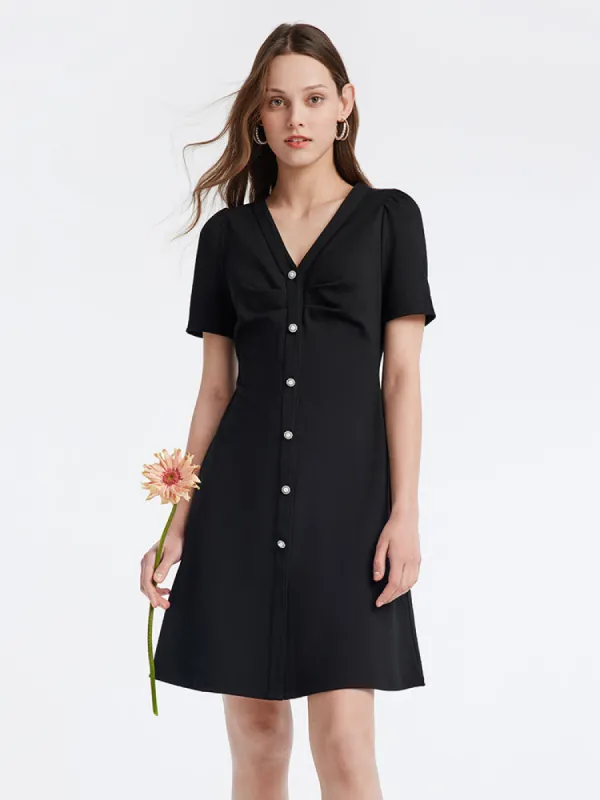 Pleated V-neck Gathered Waist Mini Dress sold by Goelia