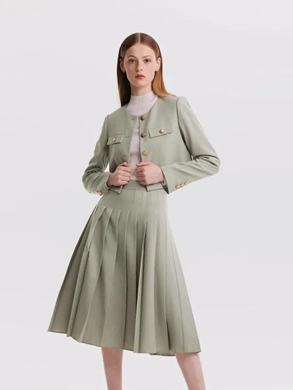 College Style Short Jacket And Pleated Long Skirt Two-Piece