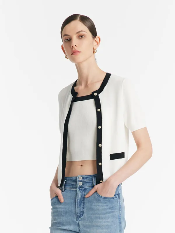 Contrast Trim Knitted Cardigan And Camisole Two-Piece Set sold by Goelia