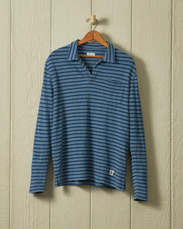 Long Sleeve Indigo Polo in Mid Wash Jacquard Stripe sold by Quaker Marine Supply