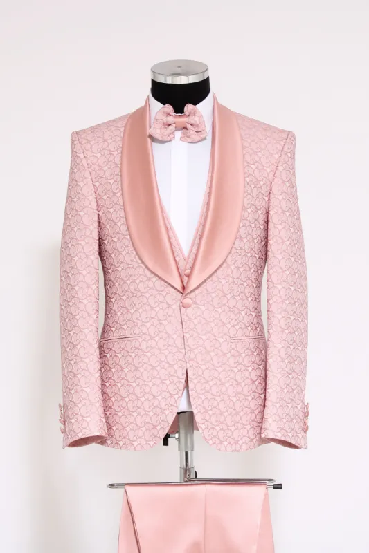3-Piece Textured Satin Lapel Pink Men's Tuxedo with Bow Tie - Wessi sold by Wessi