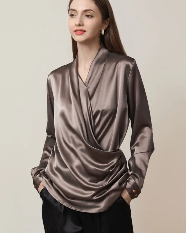 Long-Sleeve V-Neck Wrap Silk Shirt sold by DAISYSILK