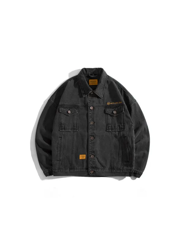 Denim Jacket Solid Color Pockets Outerwear Single Breasted Jeans Coat sold by Oeyes