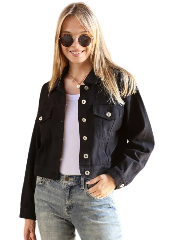 Cropped Button Down Denim Jean Jacket with Pockets sold by Anna-Kaci