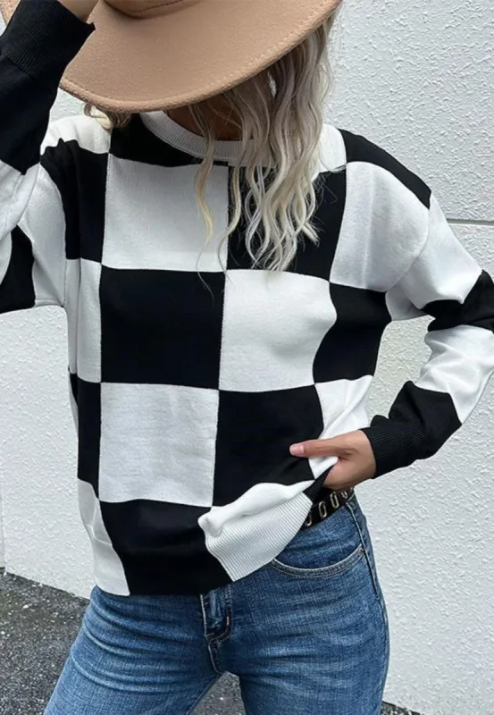 Checker Pattern Drop Should Pullover Sweater sold by Anna-Kaci