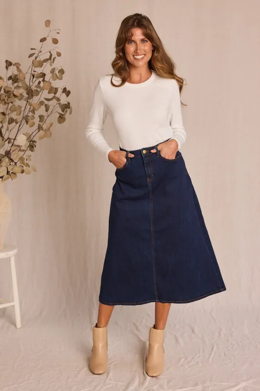 Adrift Denim A-Line Skirt in Dark Wash sold by Adrift