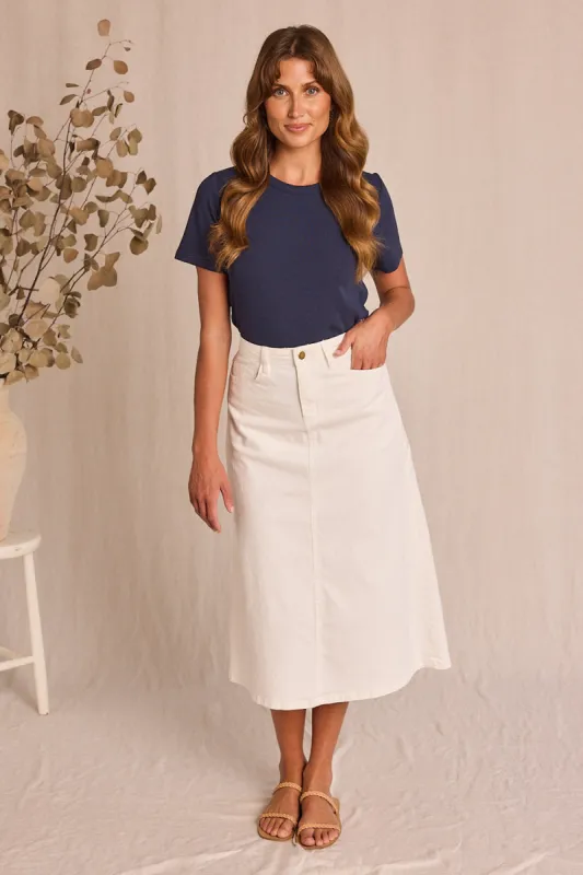 Adrift Denim A-Line Skirt in White sold by Adrift