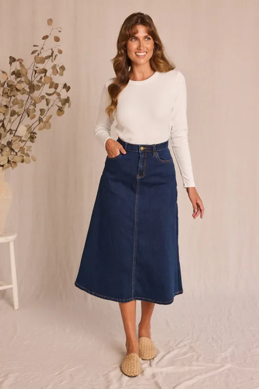 Adrift Denim A-Line Skirt in Mid Wash sold by Adrift