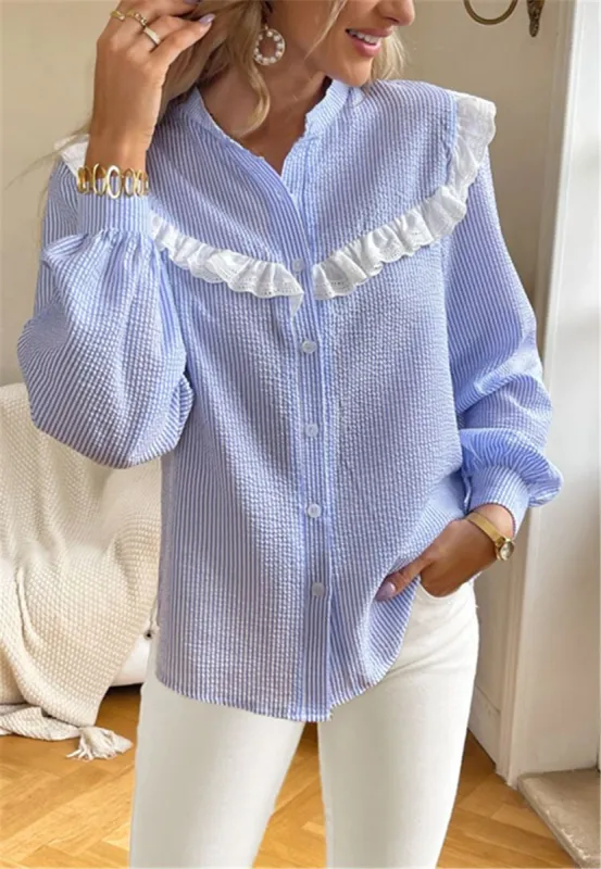 Ruffle Lace Trim Button Down Blouse sold by Anna-Kaci