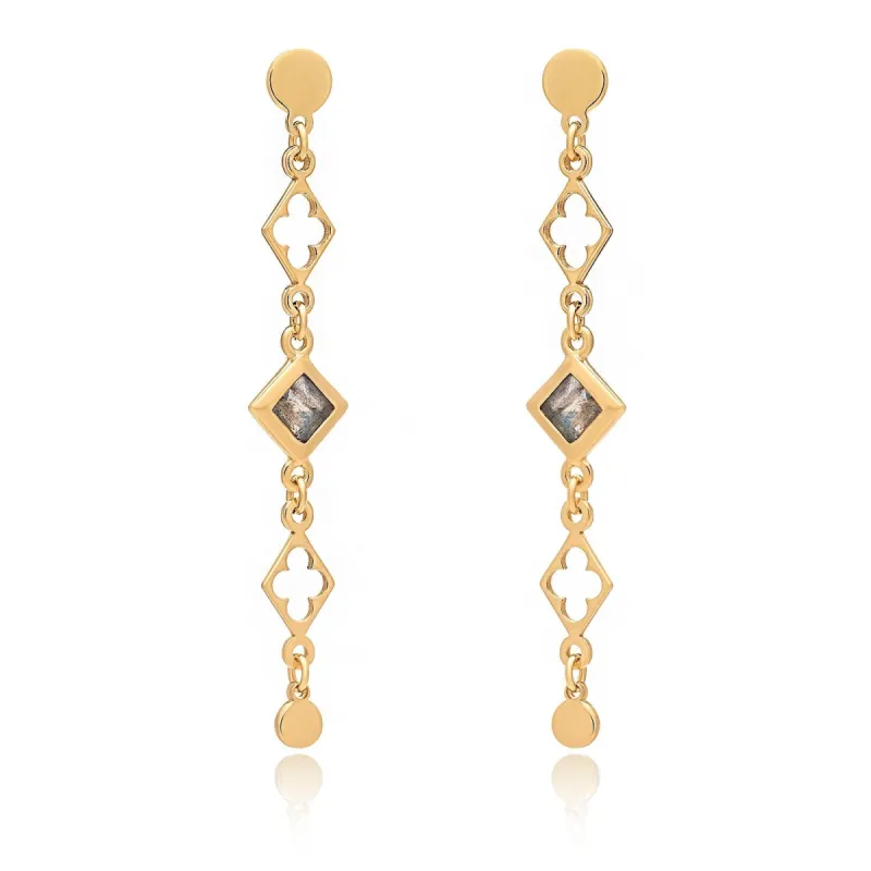 Diamond and Clover Motif Drop Earrings with Labradorite sold by Azuni London