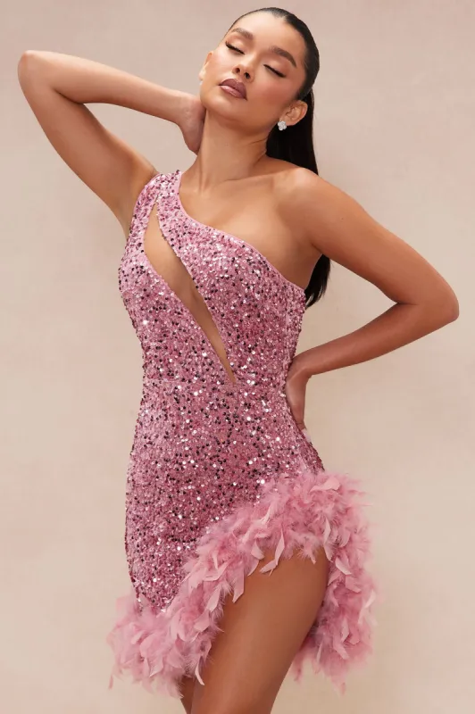Esme Sequin Feather Mini Dress - Pink sold by Fashion Nova