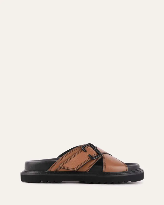 VENOM FLAT SLIDE SANDALS DARK TAN LEATHER sold by Jo Mercer