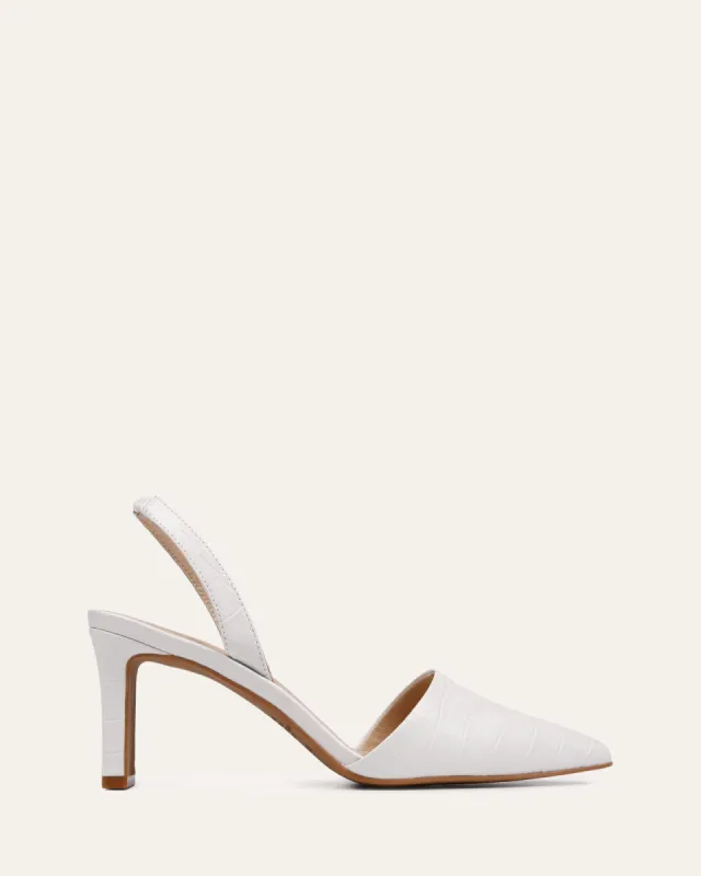 KYRA MID HEELS WHITE CROC sold by Jo Mercer