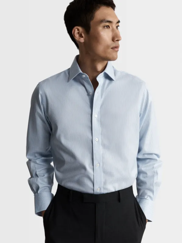 Non-Iron Light Blue Chalk Stripe Twill Fitted Single Cuff Classic Collar Shirt sold by T.M.Lewin