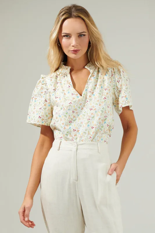Esme Floral Mei Split Neck Eyelet Top sold by Sugarlips