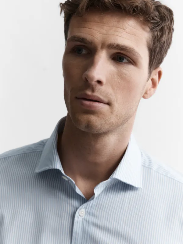 Blue Edged Stripe Poplin Slim Fit Single Cuff Classic Collar Shirt sold by T.M.Lewin